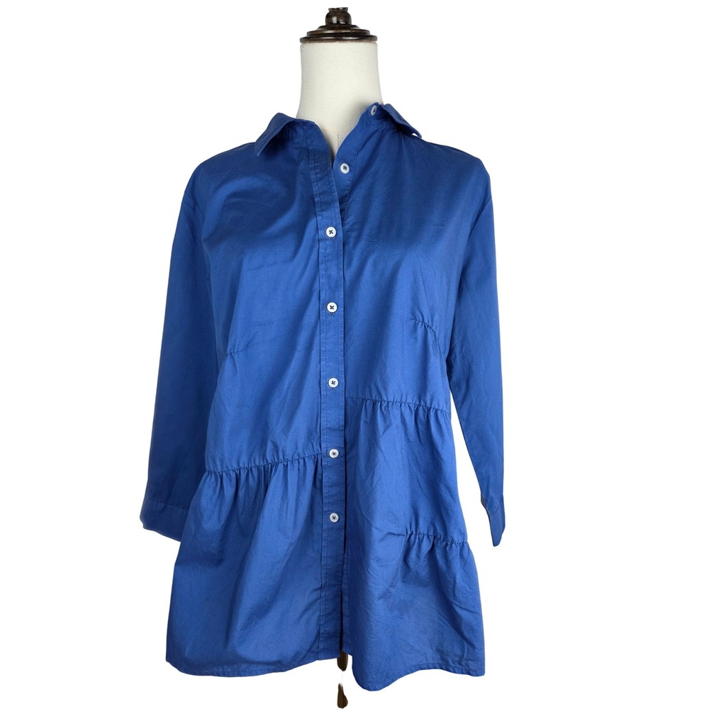 Hinson Wu Shirt S Blue Tiered Collared Button Front 3/4 Sleeve Designer Preppy